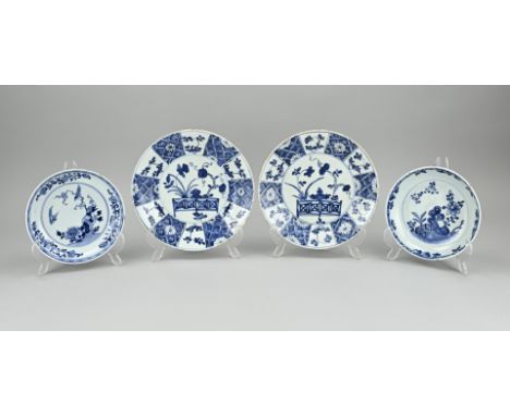 Four 18th century Chinese porcelain plates. Two Kang Xi with garden/garden gate decoration + bottom mark, one hairline + rim 