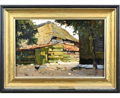 JH Weijns. 1864 - 1945. Barn with chickens. Oil on panel. Dimensions: H 21 x W 31 cm. In good condition.