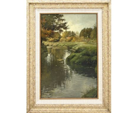 Gerard Krol. 1882 - 1950 Enschede. Twente stream the Dinkel. Oil on panel. Dimensions: H 60 x W 40 cm. In good condition.