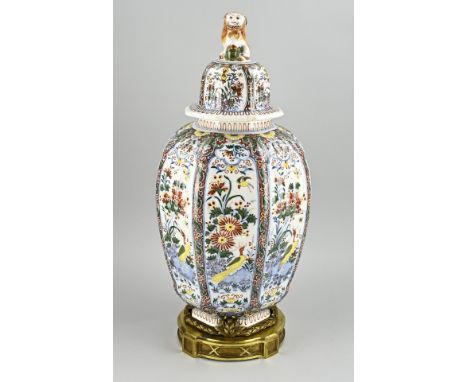 Very large 19th century polychrome Delft faience covered vase with bronze base and chinoiserie decoration with birds. With bo