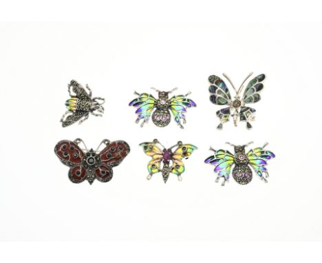 Lot with 6 silver brooches, 925/000, in the shape of butterflies and flies, decorated with enamel, marcasite and mother of pe