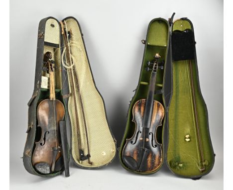 Two antique violins. 1x Unmarked, 19th century, needs attention. 1x Joan Coral Kloz im Mittenwald, with annotation 1788. 18th