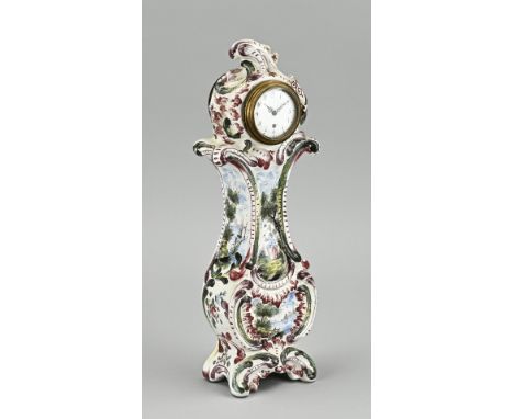 19th century polychrome faience mini grandfather clock. France or Delft. Verge escapement clock, not tested. Dimensions: H 31