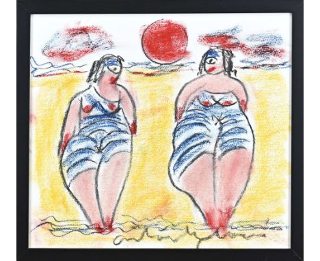Anton Heyboer. 1924 - 2005. Two ladies on the beach. Pastel on paper. Dimensions: H 35 x W 40 cm. In good condition.