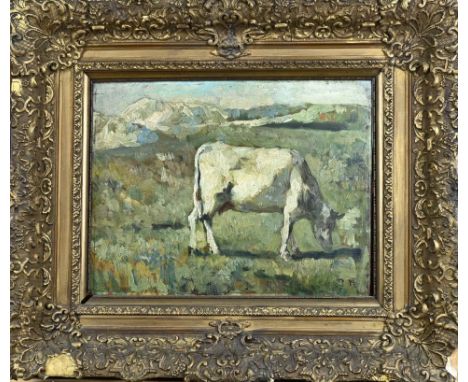 Monogram PM 19th Century. Cow in the dunes. Oil on panel. Dimensions: H 32 x W 42 cm. In good condition.