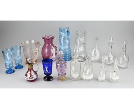 Sixteen pieces of antique glassware with enamel painting. Circa 1900 - 1930. Size: 14 - 30 cm. In good condition.