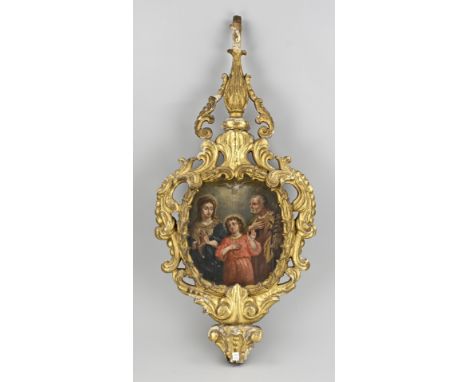 18th century procession staff, gilded end, with double-sided religious painting on panel. Dimensions: H 90 x W 40 cm. In good