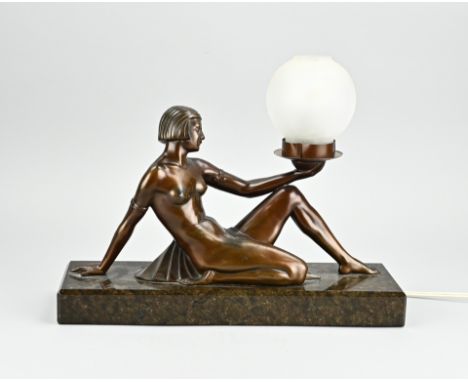 Art Deco lamp with half-naked lady on marble base. Circa 1920. Composition metal, patinated bronze. Dimensions: 29 x 37 x 12 