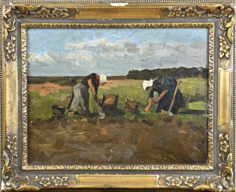 Jacob Ritsema. 1869 - 1943. Female farm workers. Oil on panel. Dimensions: H 30 x W 39 cm. In good condition.