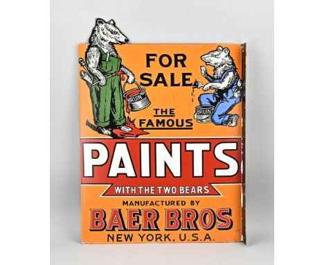 Old, double-sided enamel advertising sign Famous Paints Baer Bros. 20th Century. Traces of use. Dimensions: 76 x 56 x 4.5 cm.