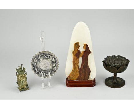 Four parts China. 1x Jade obelisk with figures. 1x Miniature bronze lidded vase. 1x Incense stick holder. 1x White metal bowl
