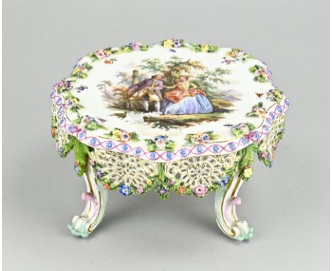 19th Century German Meissen porcelain tazza with decorated roses, insects and a romantic figure representation. Minimal chip 