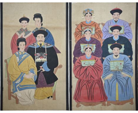 Two antique Chinese ancestor portraits. Mixed media on paper. Dimensions: H 158 x W 102 cm. In good condition.