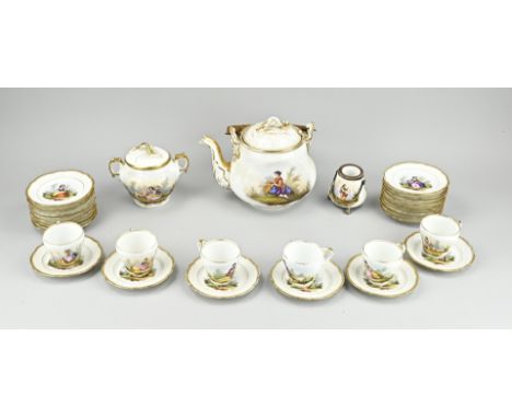 19th Century French tea set with blind mark + various hand-painted figures + gold decoration. Consisting of: teapot, sugar bo