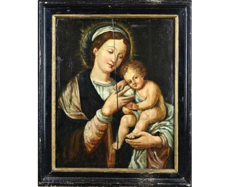 17th - 18th Century. Italian School? Mary with baby Jesus. Oil on panel. Panel cracked. Dimensions: H 45 x W 35 cm. In fair c