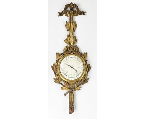 18th - 19th Century gilded French Louis Seize barometer with original painted wooden dial. Size: 98 cm. In good condition.