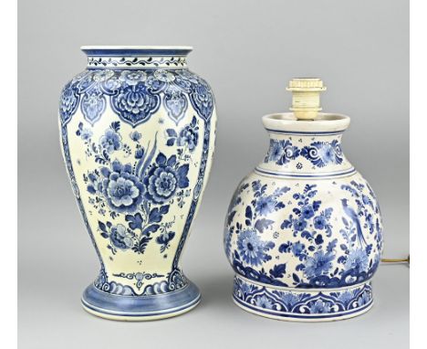 Two parts antique Delft faience, with chinoiserie decor. 1x Vase (Ram). 1x Lamp base (old Delft). Dimensions: H 34 - 37 cm. I