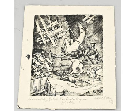 Otto Lais, 1927. German School. 1897 - 1988. Don Quixote fighting a windmill. Etching on paper. Dimensions: H 27 x W 22.5 cm.