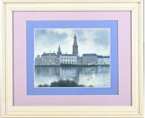 Maarten Willem van der Ende. 1907 - 1990. View of Kampen at night. Pastel on paper. Dimensions: H 24 x W 31 cm. In good condi
