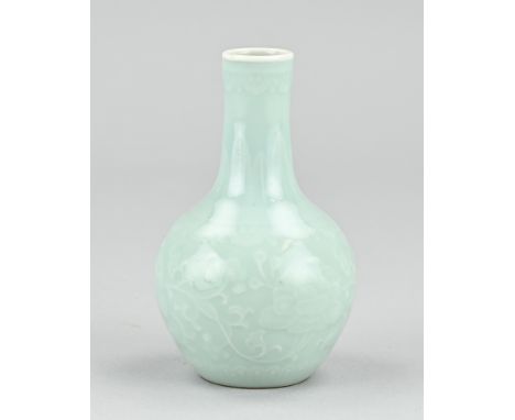 Small Chinese porcelain celadon pipe vase with floral relief decoration. Dimensions: H 10.6 cm. In good condition.