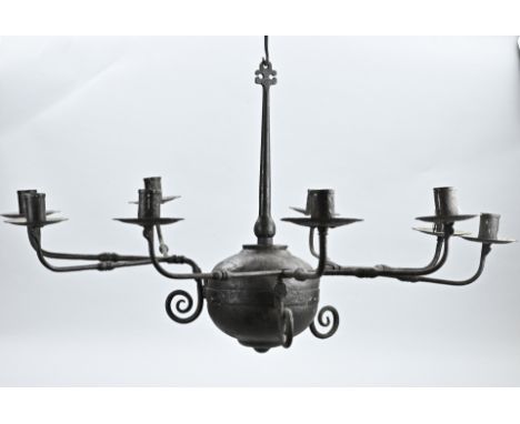 Antique wrought iron chandelier with insertable arms + nailed. 17th century?? Dimensions: 54 x Ø 80 cm. In good condition.