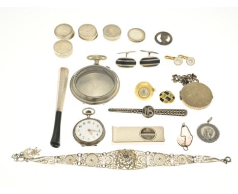 Lot of silver and various with a silver watch, cigarette holder, a cigar cutter, cufflinks. And a watch case, double cufflink