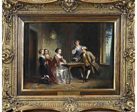 Henricus Engelbertus Reijntjens. 1817 - 1900. 18th century interior with chess figures dated 1859. Oil on panel. Dimensions: 