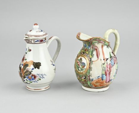 Two pieces of antique Chinese porcelain. 1x 18th century pitcher with tobacco leaf decor, damage. 1x 19th century Cantonese c
