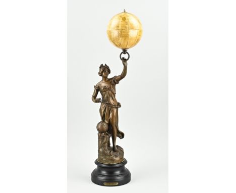 Antique figure with globe. Composition metal. Circa 1900. France. Dimensions: H 66 cm. In good condition.