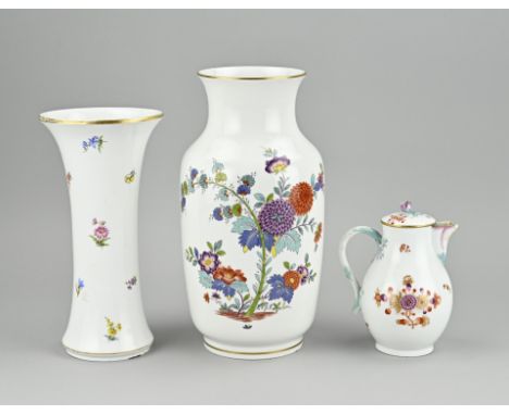 Three parts German Meissen porcelain. 1x Narrow vase Knauf period, chips bottom edge. 1x Baluster vase, circa 1980, glued. 1x