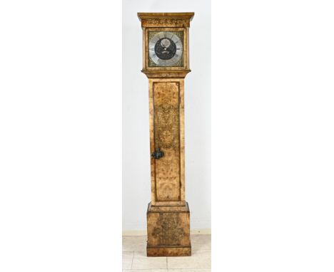 English, 18th century burl walnut longcase grandfather clock with eight-day movement and date display. Shrink seam lower case