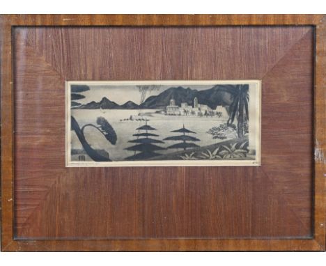Lodewijk Schelfhout, 1921. 1881 - 1943. Bay with fortress. Etching on paper. Dimensions: H 10 - W 22 cm. In good condition.