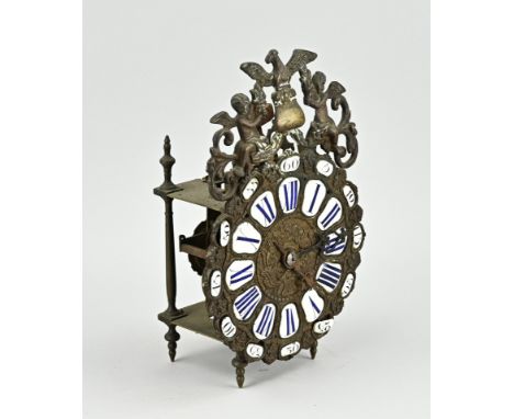 Small 18th century French bronze lantern clock with verge escapement. Bell missing. One turret broken off. Not tested. Dimens
