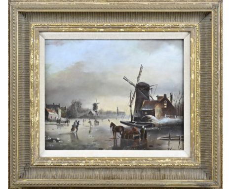 J. Greve Fecit. 20th Century. Dutch winter scene with ice fun. Oil on panel. Dimensions: H 24 x W 30 cm. In good condition.