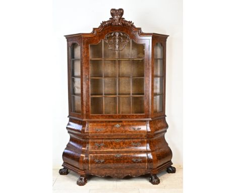 Dutch Baroque style burl walnut display cabinet with bronze fittings and claw feet. Period furniture. 20th century. Dimension