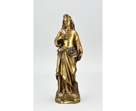 18th - 19th Century heavy bronze Holy figure with residual gilding + Tower of Babylon. Size: H 39 cm. In good condition.