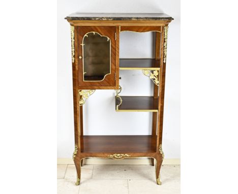 Display/decorative cabinet of walnut, with bronze ornaments. Sides with inlay, top with marble top. Second half 20th century.