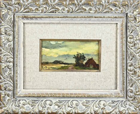 Geo Poggenbeek. 1853 - 1903. Landscape with house. Oil on panel. Dimensions: H 8 x W 16 cm. In good condition.