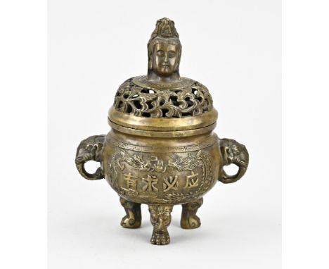 Antique Chinese bronze incense burner with character signs + elephant heads. With bottom mark. First half 20th century. Dimen