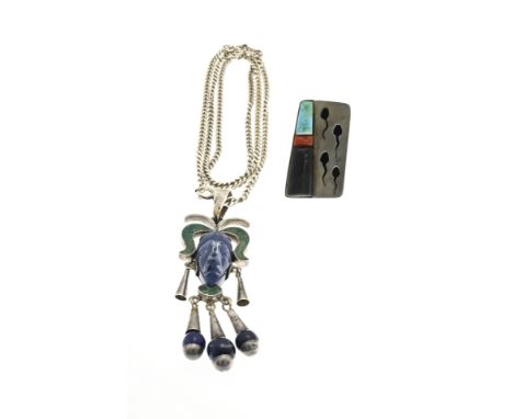 Set of silver jewelry, 925/000, Mexico, with gemstones. A necklace with a pendant with a figure with lapis lazuli and malachi