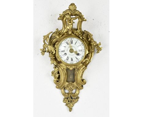 18th Century French gilt bronze wall cartel clock with alarm and half hour striking, verge escapement. Dieu Donnoz Sarton A l