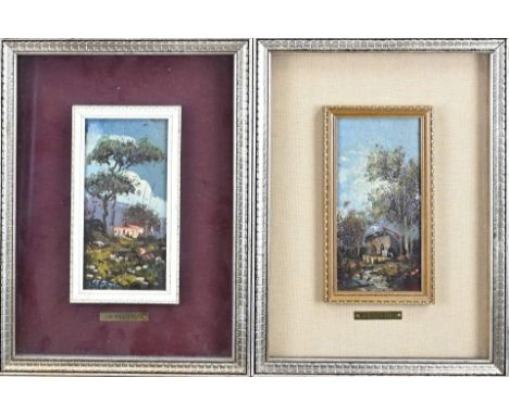 2x S. Faliero. Italian School. 20th Century. Landscapes with houses. Oil on panel. Dimensions: H 20 x W 10 cm. In good condit