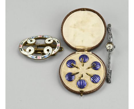 Lot jewelry with a buckle with an inlay with flower painting, 7 cm. a cassette with 6 buttons with blue enamel, ø 15 mm. And 
