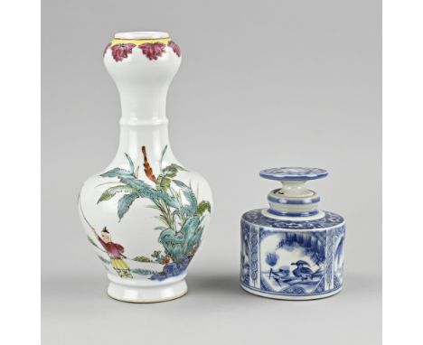 Two parts Chinese porcelain. 1x Family Rose knob vase with playing fools + bottom mark. 1x Inkwell with mandarin ducks decora