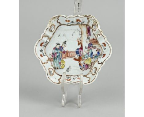 18th Century Chinese porcelain Family Rose pattipan, decorated with figures playing in garden with rat. Size: 13 x 11.5 cm. I