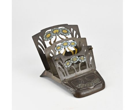 Antique German Art Nouveau letter holder + stamp holder made of brass. With floral enamel decoration. Circa 1900. Dimensions: