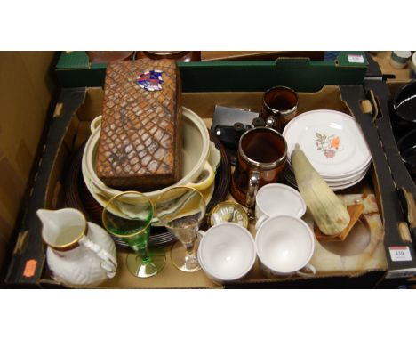 A box containing a quantity of mixed glassware and ceramics, to include a Coalport reproduction mask head jug after a design 