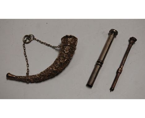 A 19th century silver propelling pencil having engine turned decoration and an amethyst set terminal, together with one other