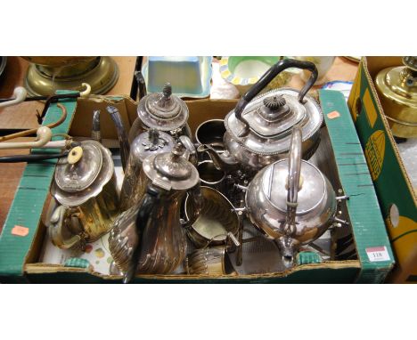 A box of miscellaneous silver plated ware to include early 20th century spirit kettle on stand, Georgian style teapot etc