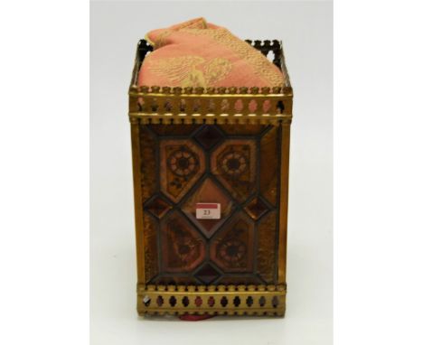 A circa 1900 lacquered brass ceiling light fitting, having pierced decoration with four stained and leaded glazed panels, h.3